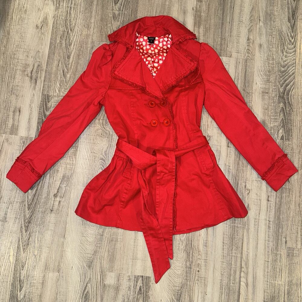 Aziz Women’s Red Trench Coat Jacket Size Small Heart Lining Belted Ruffle
